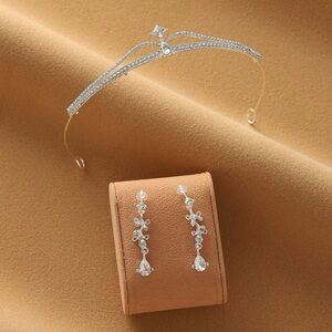 Vintage Silver Crystal Tiara Headband with Matching Dangle Earrings
